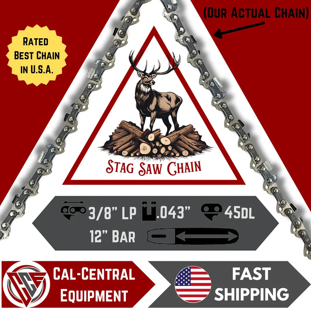 STAG Semi Chisel Saw Chain | 12" Bar | 3/8 LP .043" 45DL | Fits EGO Oregon