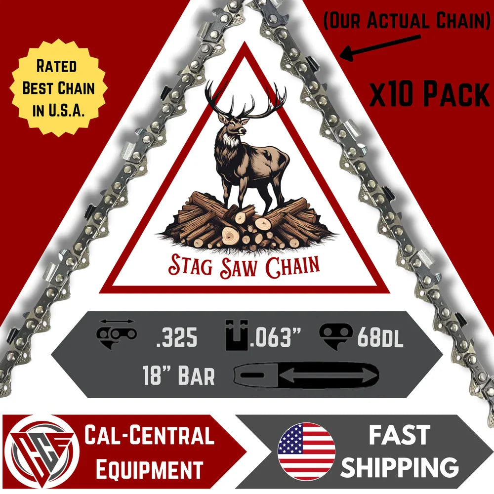 10-Pack STAG Full Chisel Saw Chain | 18" Bar | .325" .063" 68DL