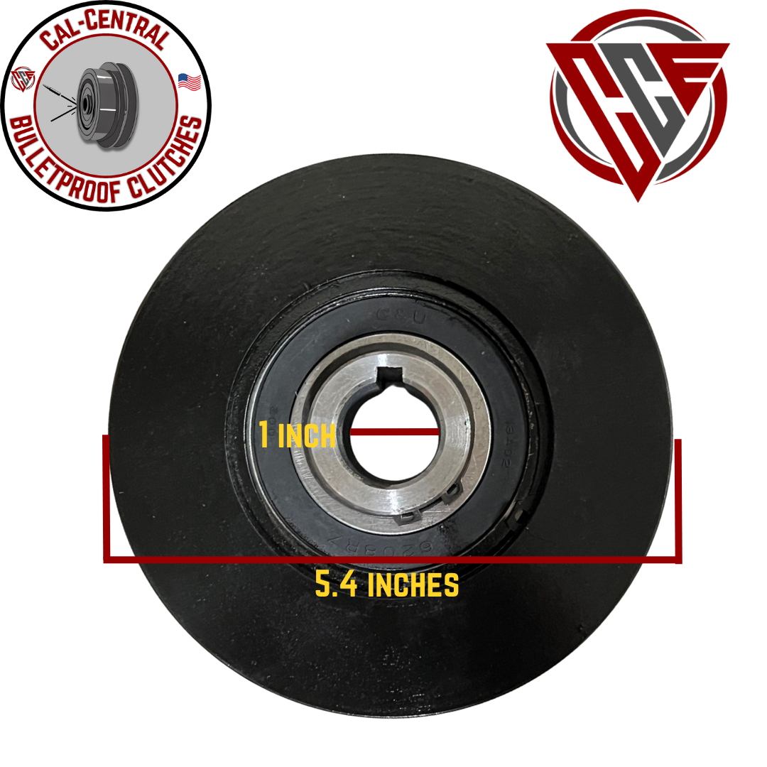 Close-up of a heavy-duty 5.4-inch double pulley centrifugal clutch with 1-inch bore and keyway, compatible with GX270/GX390 engines