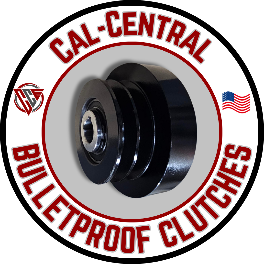 Heavy duty centrifugal clutch with 1 1/8 inch bore, dual 5 inch pulley for 5/8 inch V-belts, 6.75 inch drum diameter, designed for 20HP sawmills and compactors