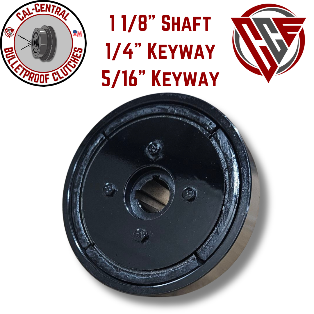 Heavy duty centrifugal clutch with 1 1/8 inch bore, dual 5 inch pulley for 5/8 inch V-belts, 6.75 inch drum diameter, designed for 20HP sawmills and compactors