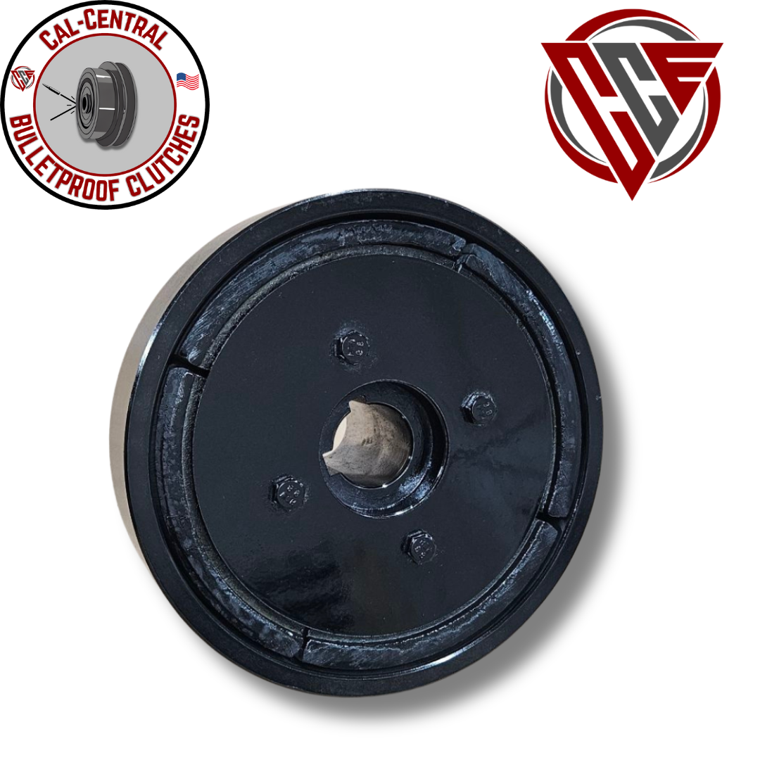 Heavy duty centrifugal clutch with 1 1/8 inch bore, dual 5 inch pulley for 5/8 inch V-belts, 6.75 inch drum diameter, designed for 20HP sawmills and compactors
