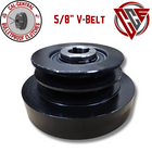 Heavy duty centrifugal clutch with 1 1/8 inch bore, dual 5 inch pulley for 5/8 inch V-belts, 6.75 inch drum diameter, designed for 20HP sawmills and compactors