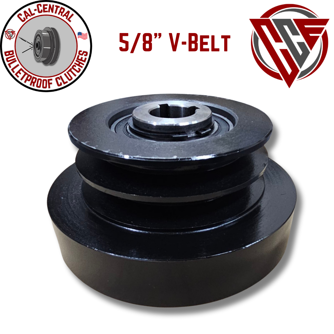 Heavy duty centrifugal clutch with 1 1/8 inch bore, dual 5 inch pulley for 5/8 inch V-belts, 6.75 inch drum diameter, designed for 20HP sawmills and compactors