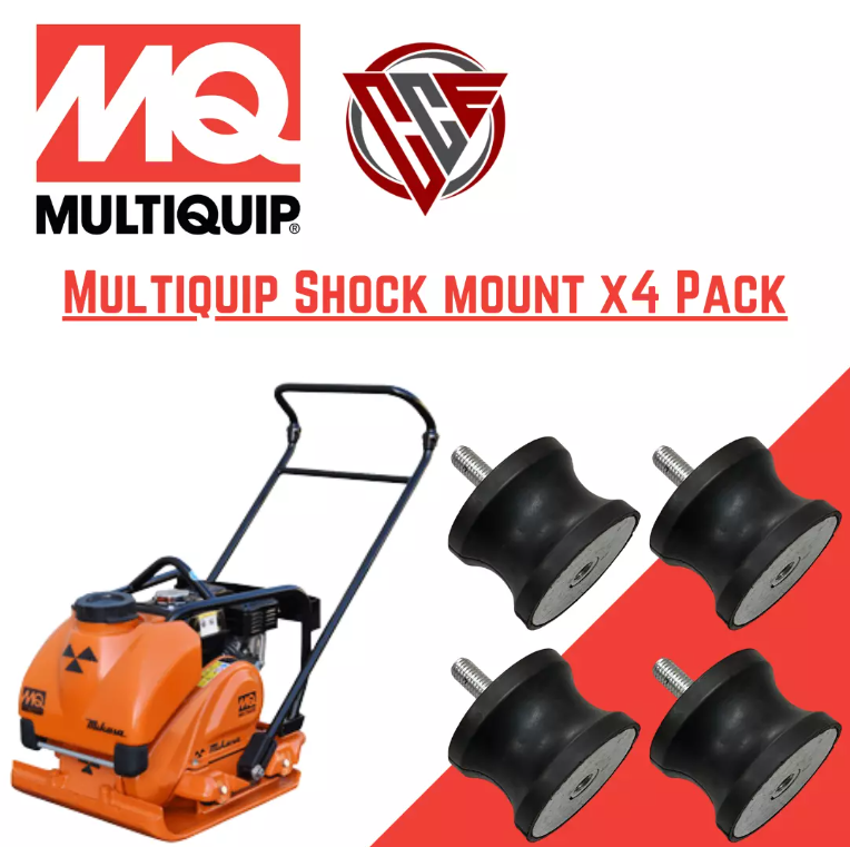 An advertisement image featuring a set of four black shock mounts for a Multiquip/Mikasa plate compactor, with the Multiquip and Cal-Central Equipment logos.