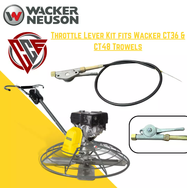 An image showcasing a throttle lever kit for Wacker CT36 & CT48 trowels, including a close-up of the cable and the metal lever.