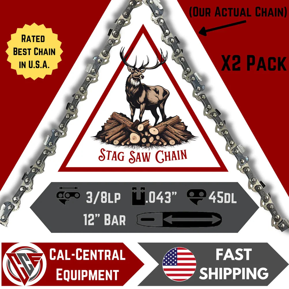 2-Pack STAG Semi Chisel Saw Chain | 12" Bar | 3/8 LP .043" 45DL | Fits DeWalt