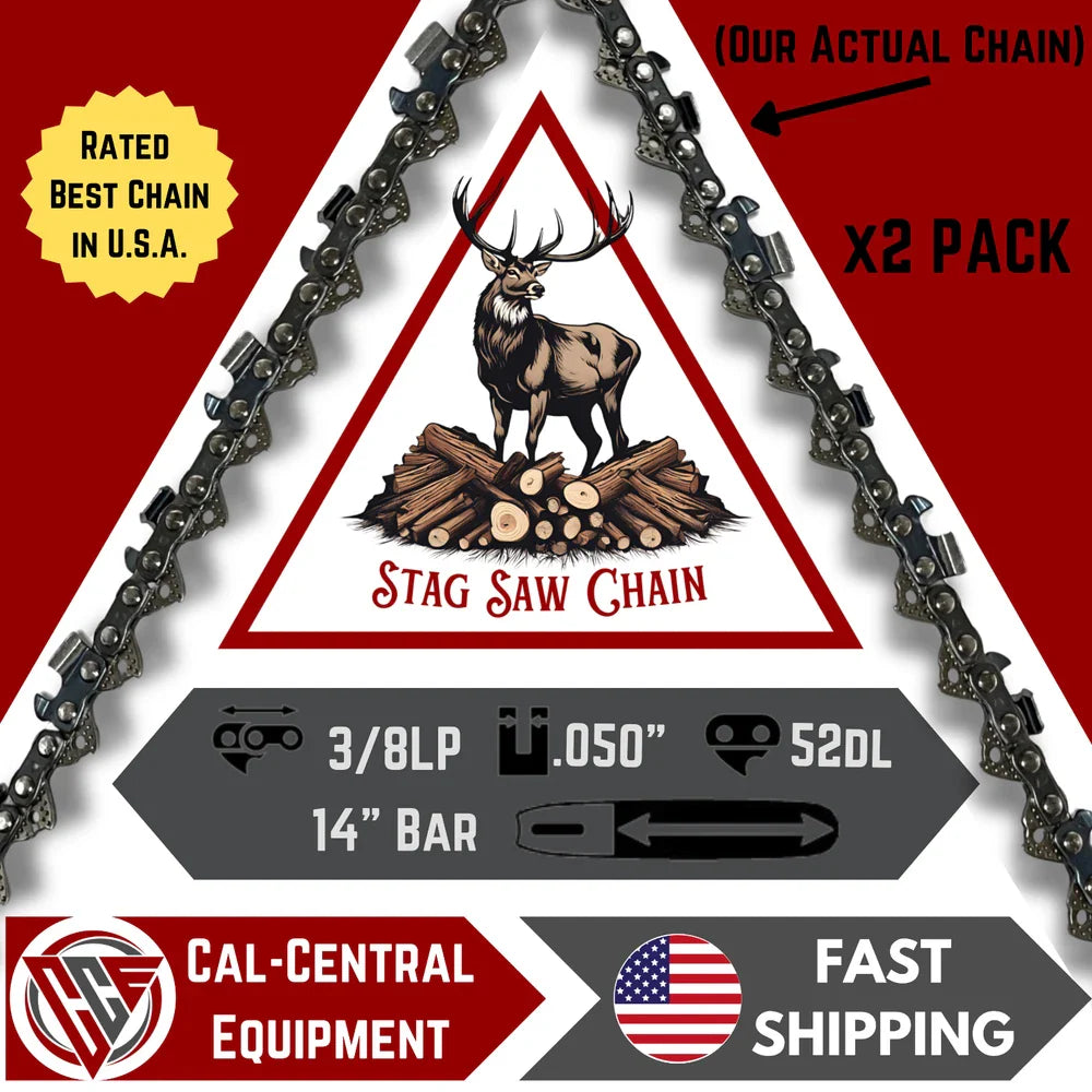 2-Pack STAG Full Chisel Saw Chain | 14" Bar | 3/8 LP .050" 52DL | Fits Ryobi