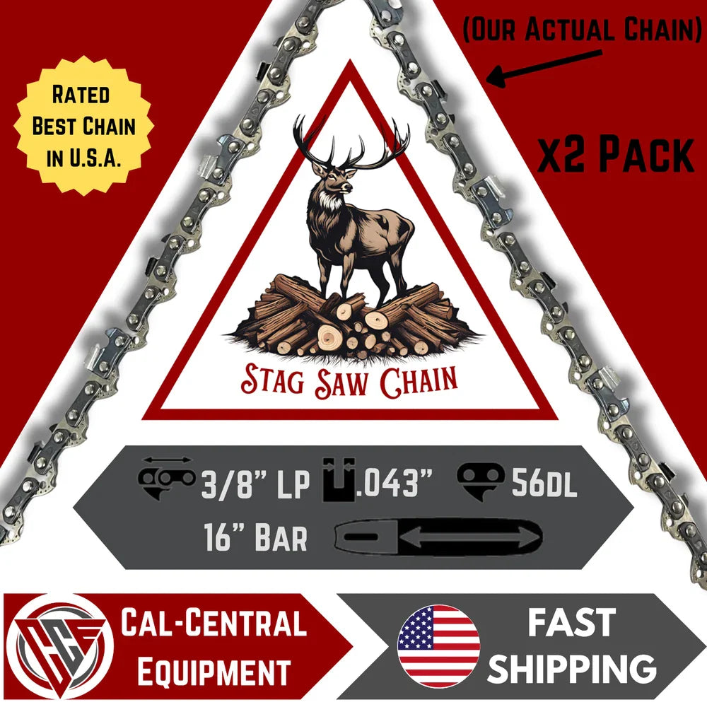 STAG Semi Chisel Saw Chain | 16" Bar | 3/8 LP .043" 56DL | Fits Poulan DeWalt